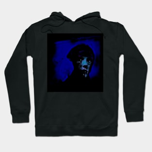 Woman or beautiful man. Like in night dream. Dark, dim, blue. So cool. Hoodie